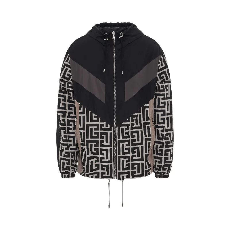 Hooded Multi-Cuts Nylon Track Jacket in Ivory/Black