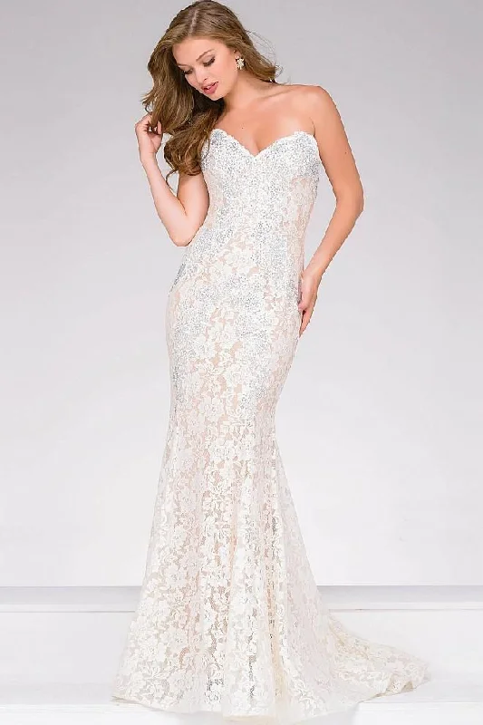 Jovani - Crystal Embellished Strapless Lace Prom Dress 37334