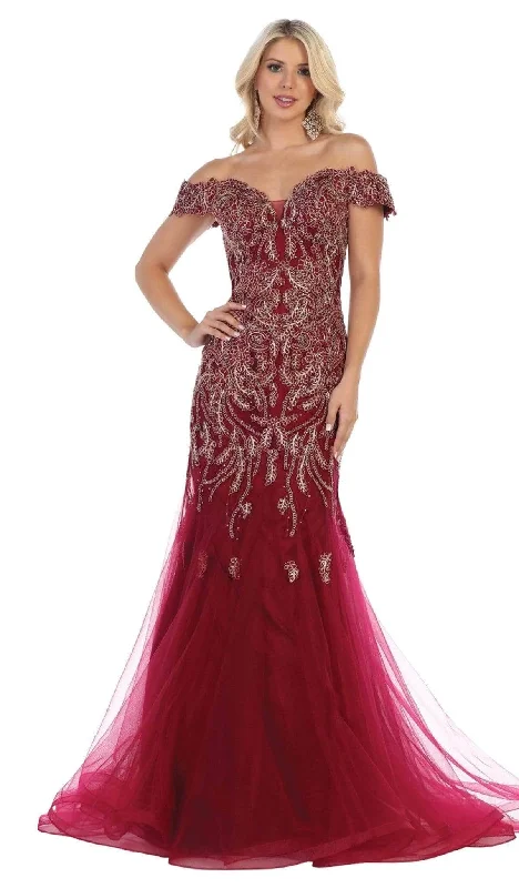 May Queen RQ7705 - Off Shoulder Trumpet Evening Gown