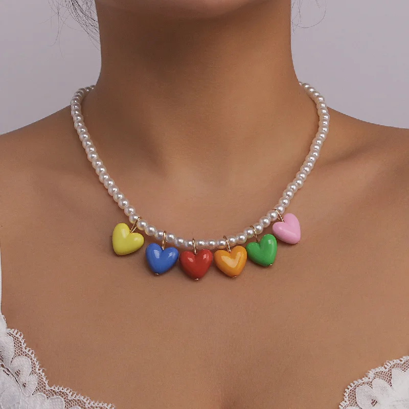 Wholesale Rainbow Pearl Resin Love Sweet Cool Necklace