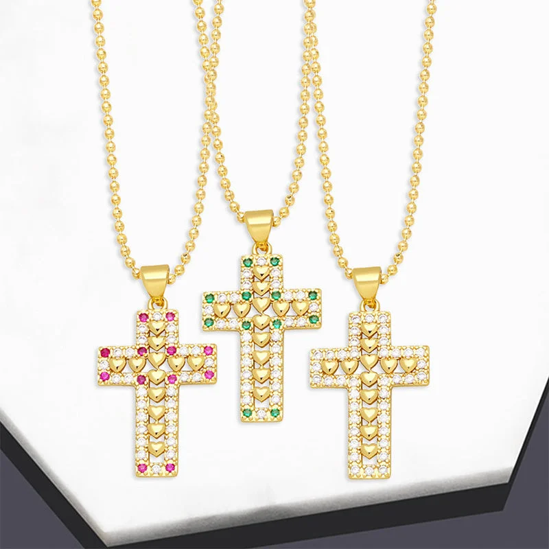 Wholesale Necklace Copper Plated 18K Gold Zircon Diamond Cross OLY-NE-AS010