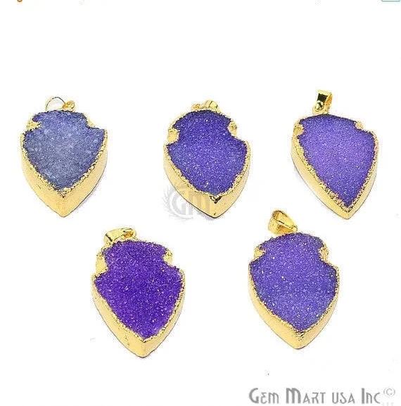 Purple Druzy Arrow Heads Pendant, 29x15mm Electroplated Gold Edged Arrow Heads Pendant (AHDZ-50021)