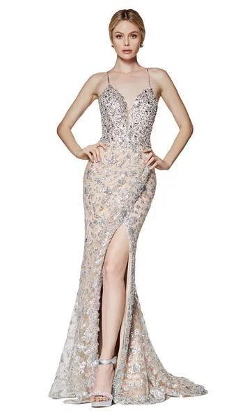 Cinderella Divine - 8982L Fully Beaded Deep V-neck Mermaid Dress