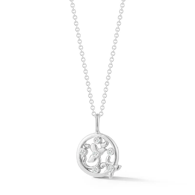 Leaf Diamond and White Gold Round Pendant