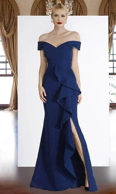 Janique - V-Neck Pleated Trumpet Evening Gown K6876 - 1 pc Navy In Size 14 Available