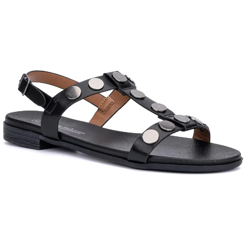 Olivia Miller Womens Lyra Faux Leather Studded T-Strap Sandals