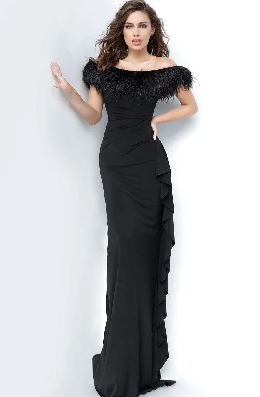 Jovani - 1147 Off-Shoulder Feather Sheath Dress