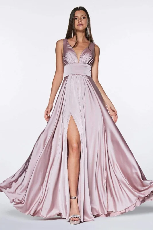 Cinderella Divine - 7469 V Neck High Slit Satin Flowy A-Line Dress