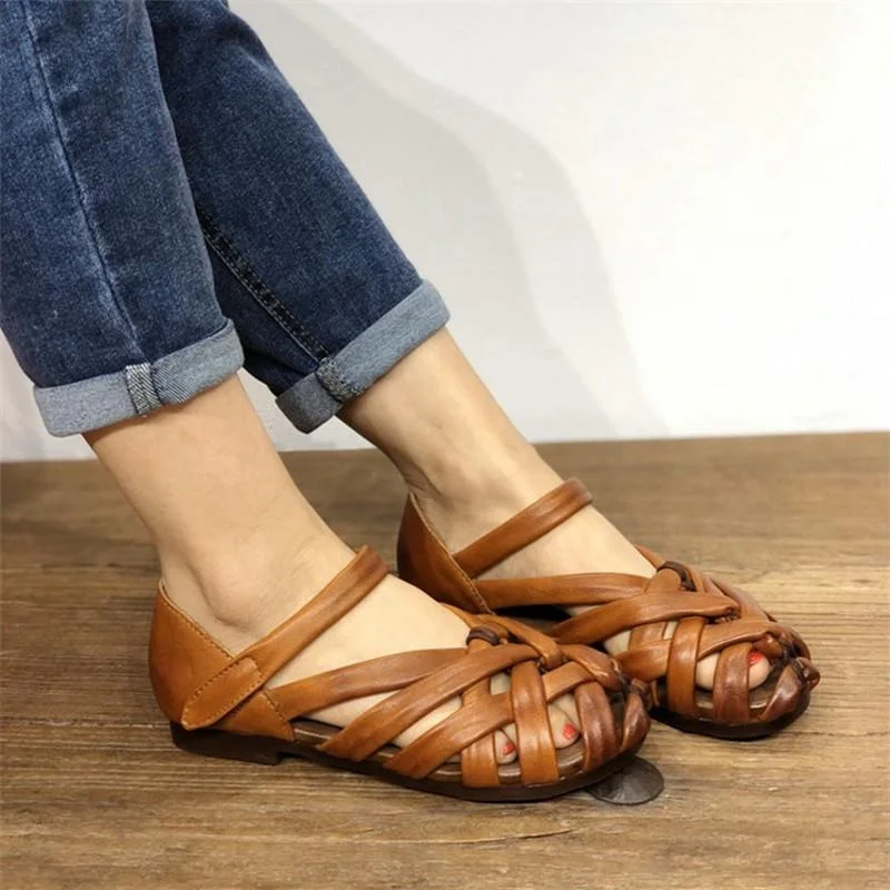 Summer Vintage Style Genuine Leather Round Toe Weave Casual Sandals