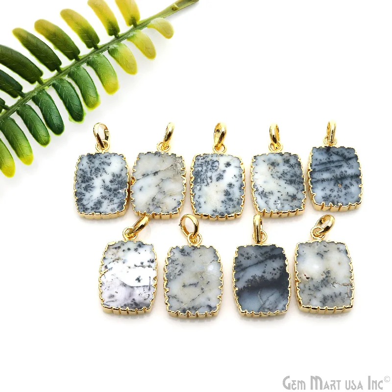 Dendrite Opal Rectangle 28x18mm Gold Electroplated Single Bail Connector Pendant