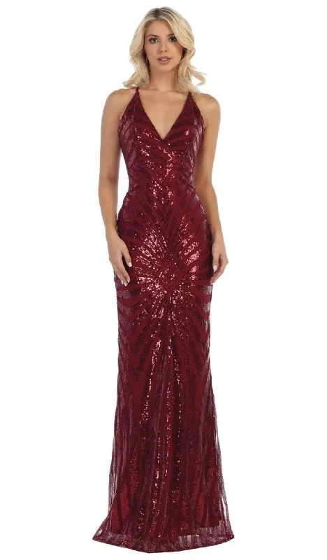 May Queen RQ7695 - Sequined Deep V-Neck Evening Dress