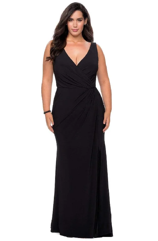 La Femme - Sleeveless Plunging V-Neck High Slit Sheath Gown 28882SC