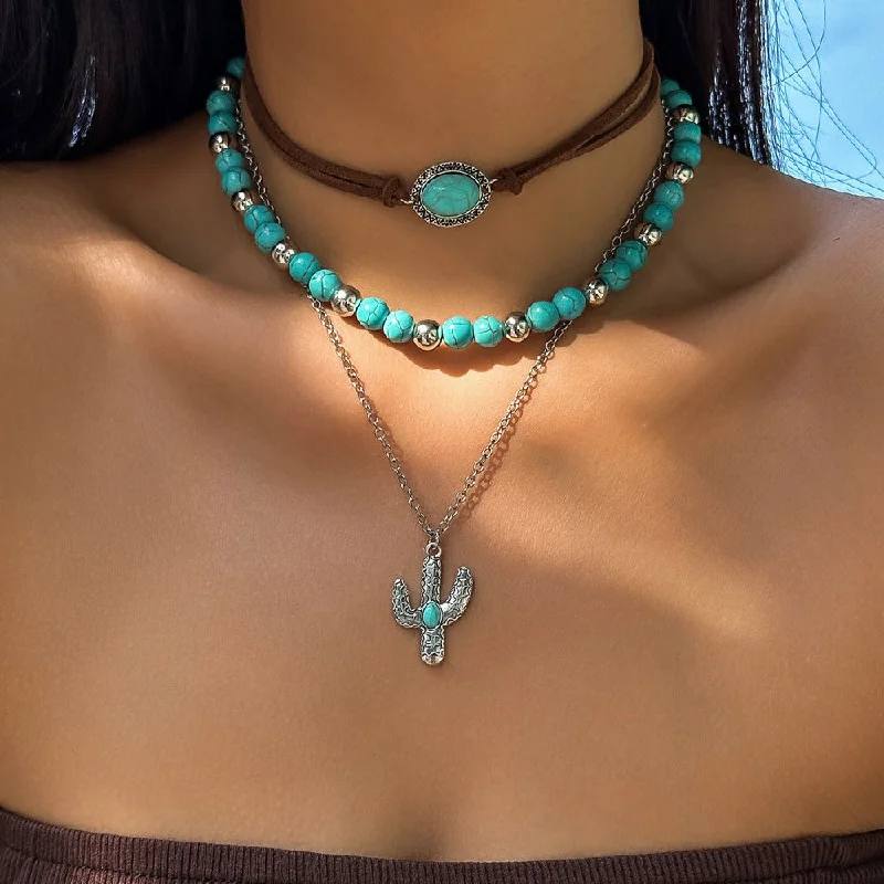 Wholesale Vintage Imitation Turquoise Beaded Clavicle Necklace Set