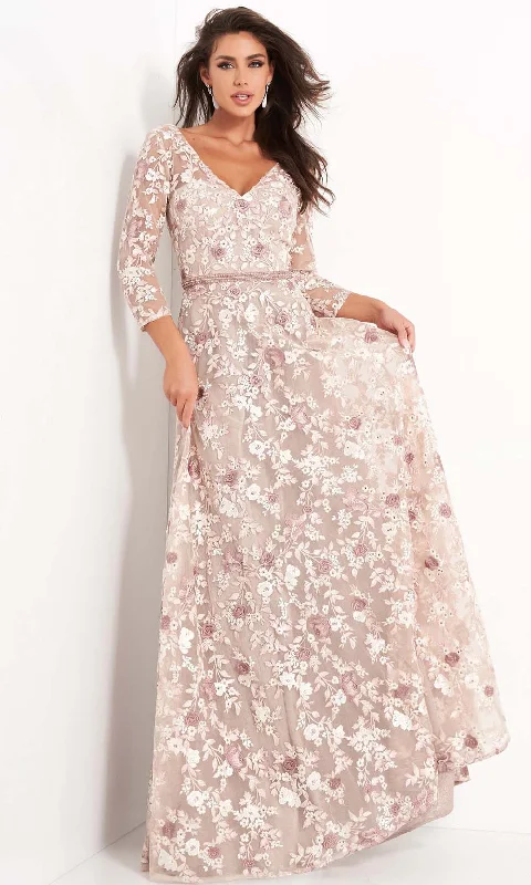 Jovani - 04451 Quarter Sleeve Floral Embroidered A-Line Gown