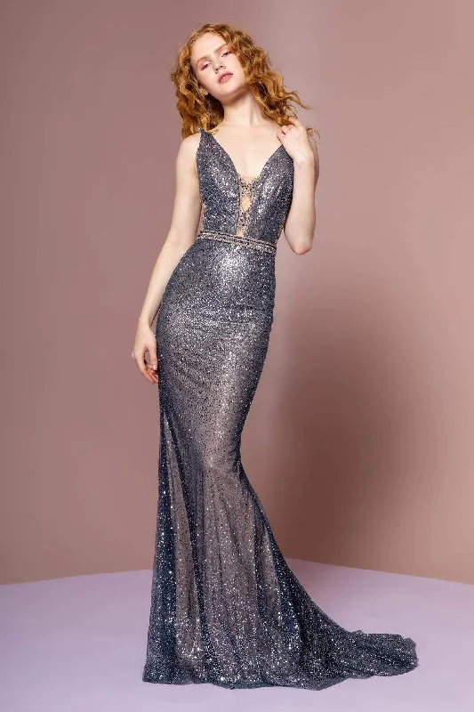 Elizabeth K - GL2678 Embellished Deep V-neck Mermaid Dress