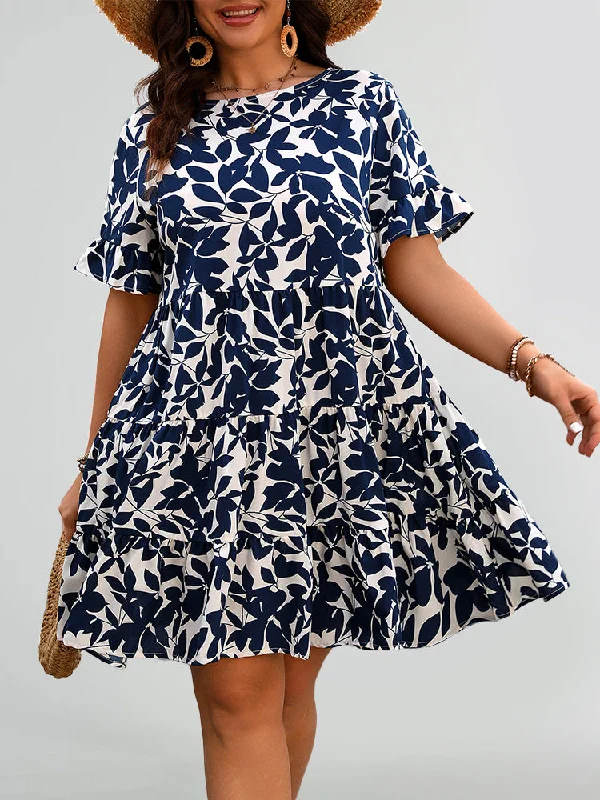 Floral Print Round Neck Ruffle Hem Dress