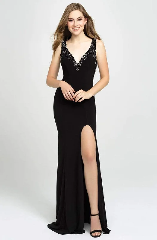 Madison James - 19-150 Beaded Plunging V-Neck High Slit Gown