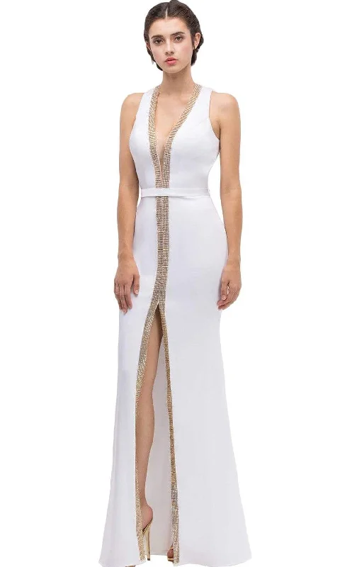 Eureka Fashion - Plunging Gold Beading Fitted Evening Dress