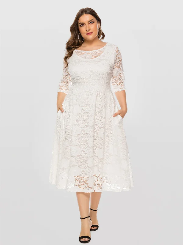 Solid Lace Patchwork Round Neck Pocket Bridesmaid Dress