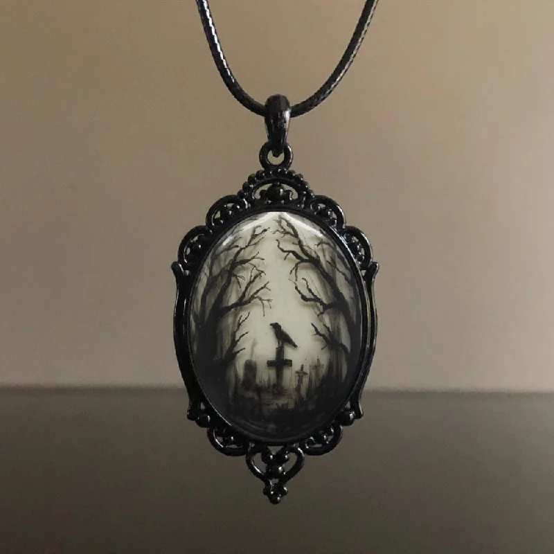 Wholesale Gothic Raven Cross Glass Pendant Necklace