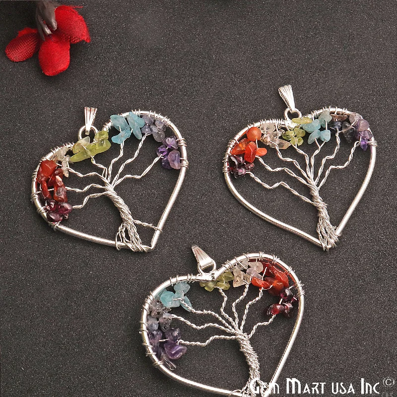 Multi Color Tree Of Life 43x39mm Silver Wire Wrapped Heart Shape Pendant