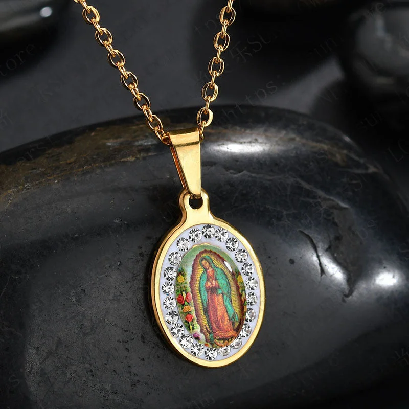 Wholesale Colored Virgin Mary Drop Glue Pendant Oval Diamond Set Stainless Steel Necklaces