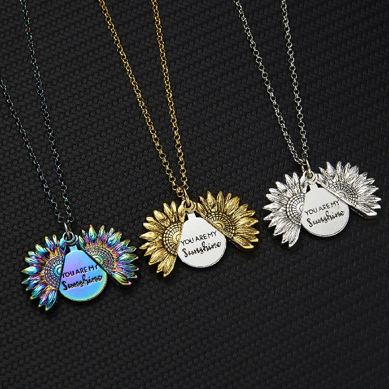 Wholesale You Are My Sunshine Sunflower Openable Engraved Double-sided Pendant Alloy Necklace