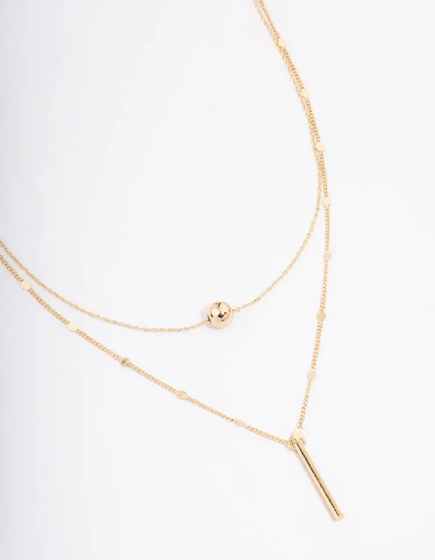 Gold Bar & Ball Double Chain Short Necklace