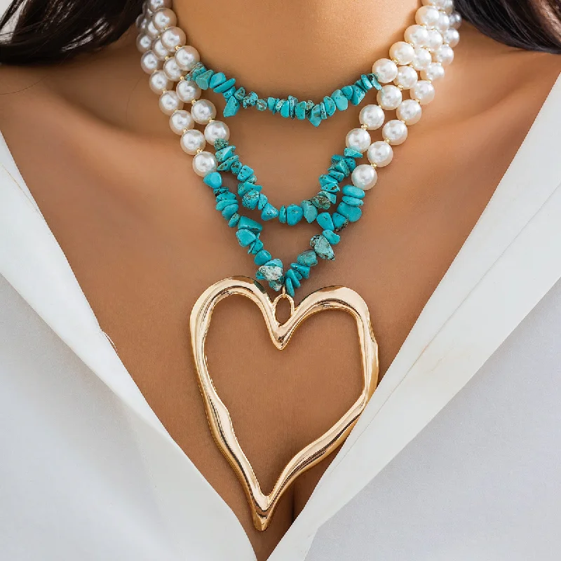 Wholesale Beaded Imitation Pearl Vintage Big Heart Turquoise Alloy Necklace