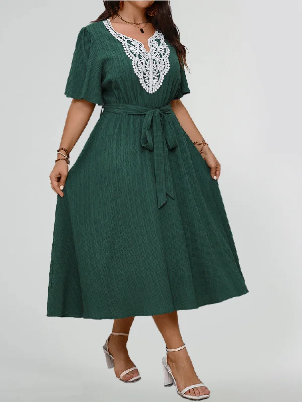 Embroidery Lace V Neck Ruffle Sleeve Belted Dress