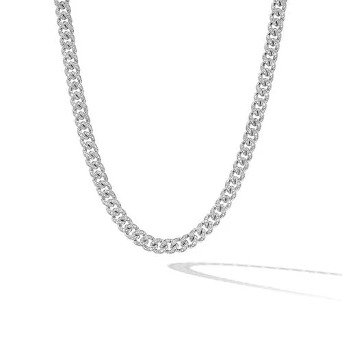 Curb Chain Necklace in Sterling Silver with Diamonds, 7mm