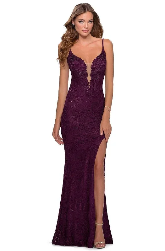 La Femme - 28556 Beaded Lace Plunging V-Neck Sheath Dress