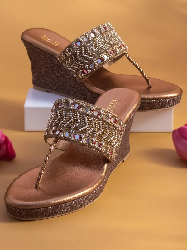 Women Ant Gold Embellished Ethnic Wedge Sandals