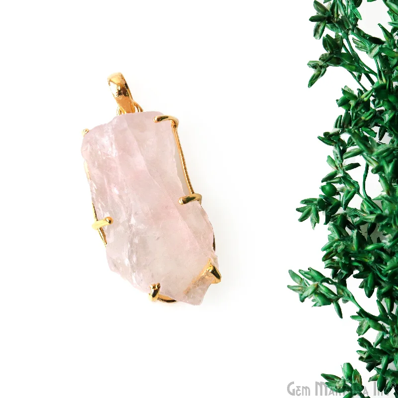 Natural Morganite Organic 40x18mm Gold Plated Prong Setting Single Bail Gemstone Pendant