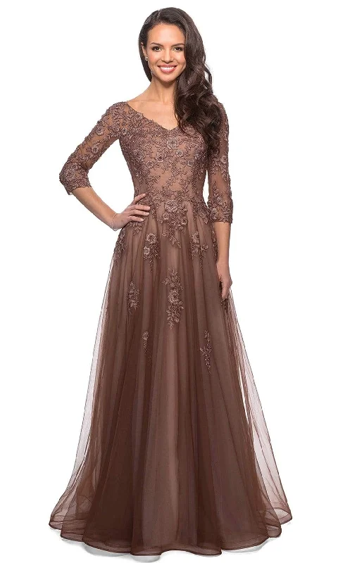 La Femme - 27908 Floral Lace V-Neck A-line Gown