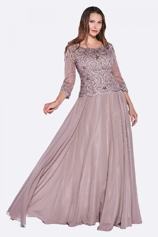 Cinderella Divine - Quarter Sleeve Laced Bodice A-Line Long Formal Dress