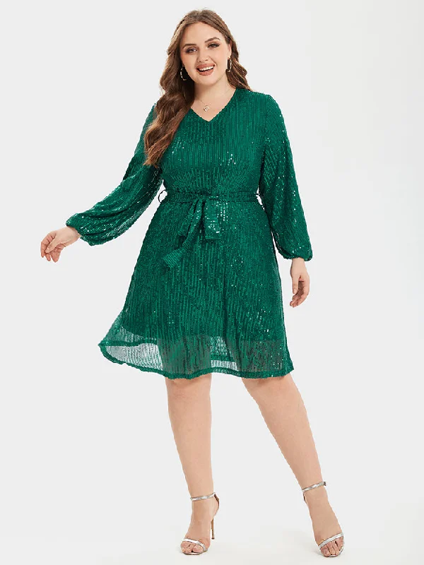 V-Neck Lantern Sleeve Belted Sequin Party Dress