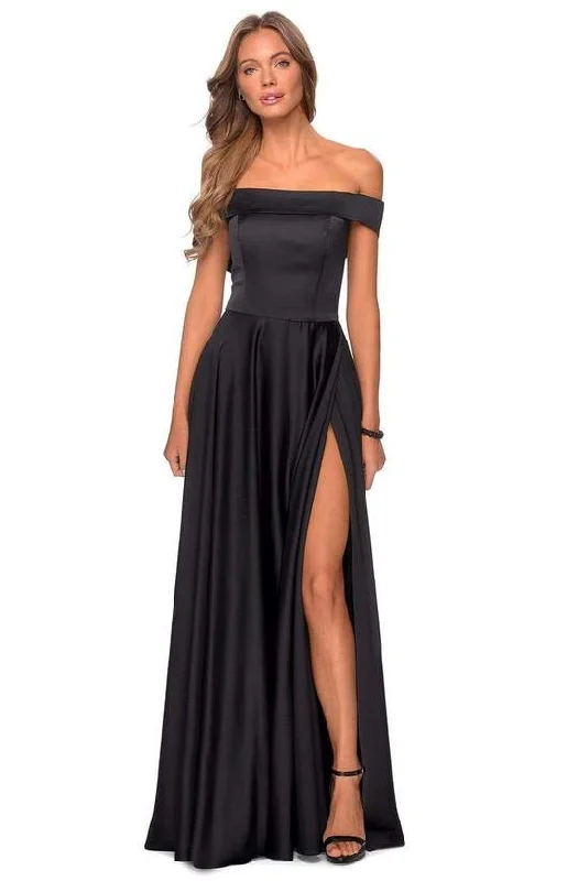 La Femme - Off Shoulder Satin A-Line Dress 28978SC - 1 pc Black In Size 18 Available