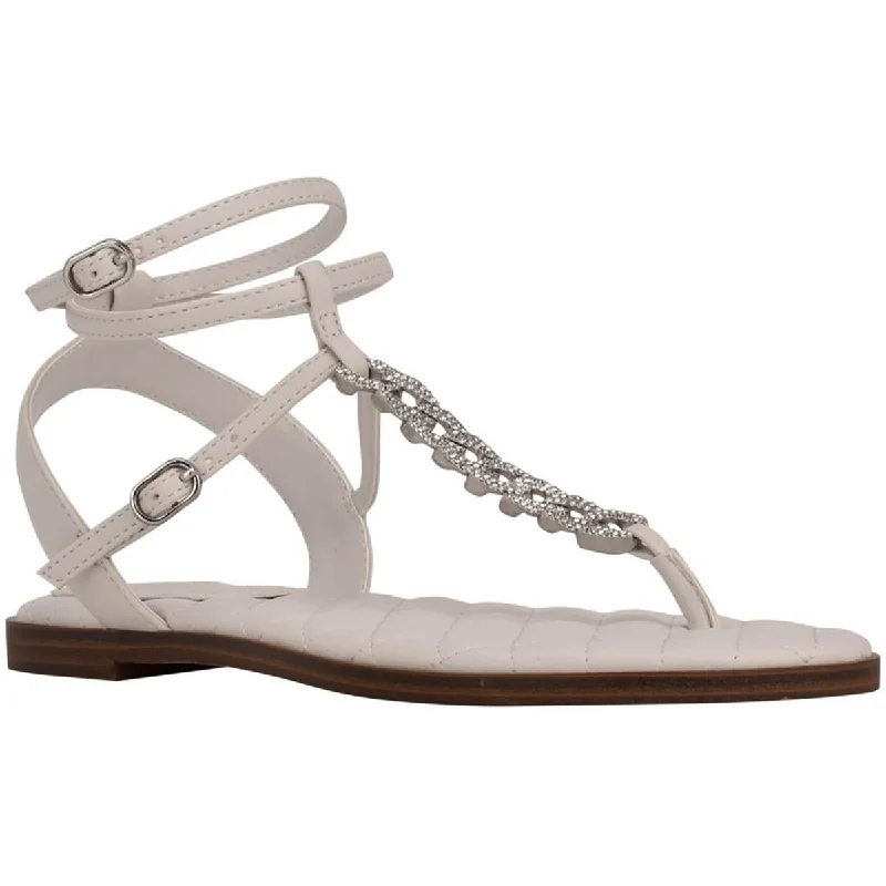 Guess Womens Brighti Faux Leather Rhinestone T-Strap Sandals