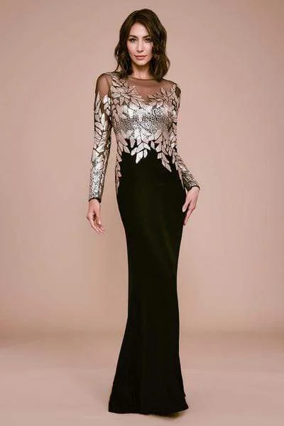 Tadashi Shoji - Embellished Finley Long Sleeve Crepe Sequin Gown - Petite - 1 pc Champagne/Black In Size 14 Available