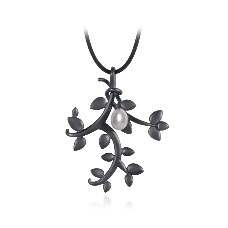 Leaf Large Pearl and Oxidized Sterling Silver Pendant