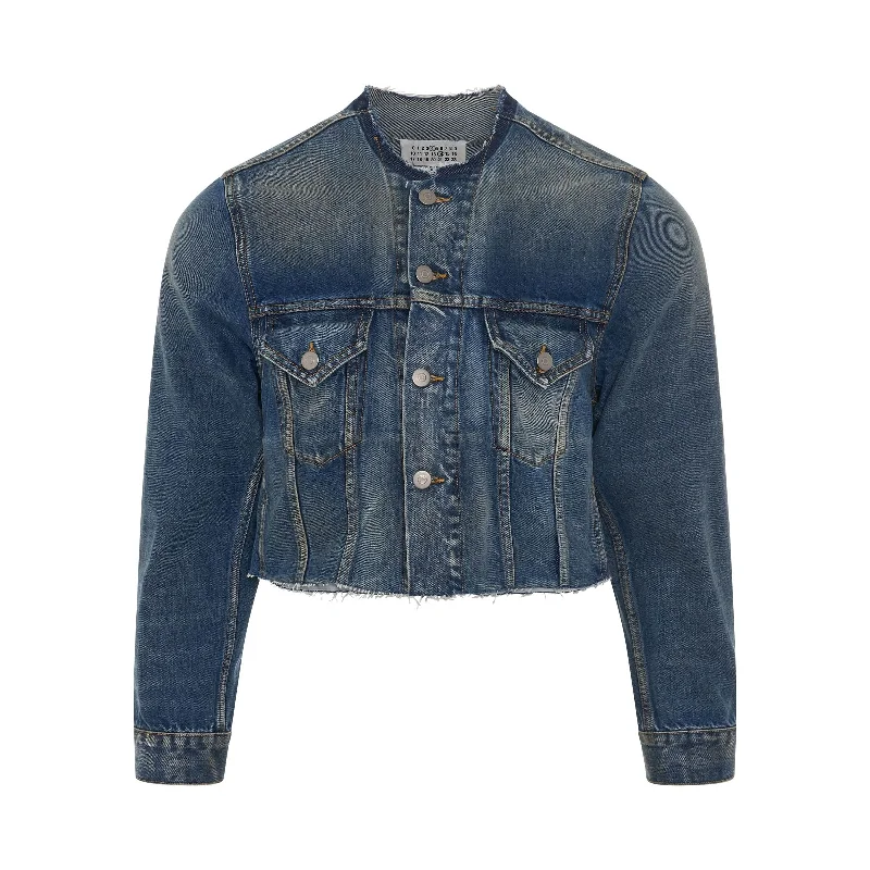 Cropped Collarless Denim Jacket