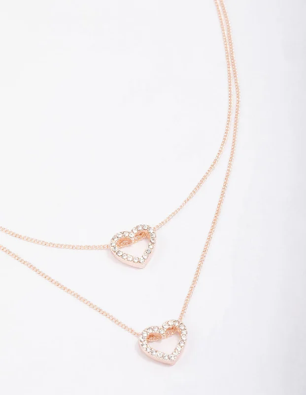 Rose Gold Double Diamante Open Heart Necklace