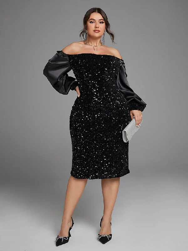 Off Shoulder Lantern Sleeve Split Sequin Dress