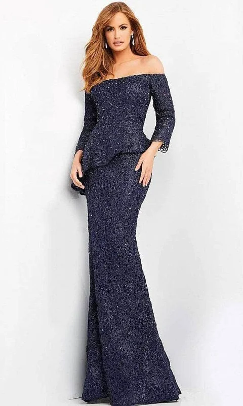 Jovani - Glitter Lace Off-Shoulder Formal Gown 00455SC - 2 pcs Navy In Size 10 and 24 Available