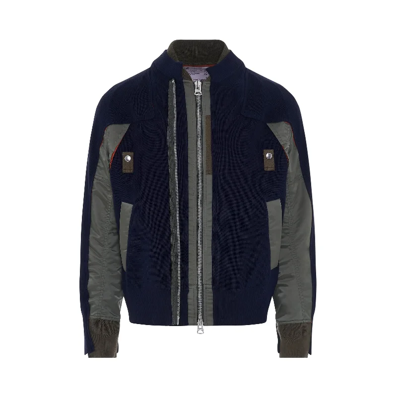 Nylon Twill Mix Knit Classic Jacket in Navy