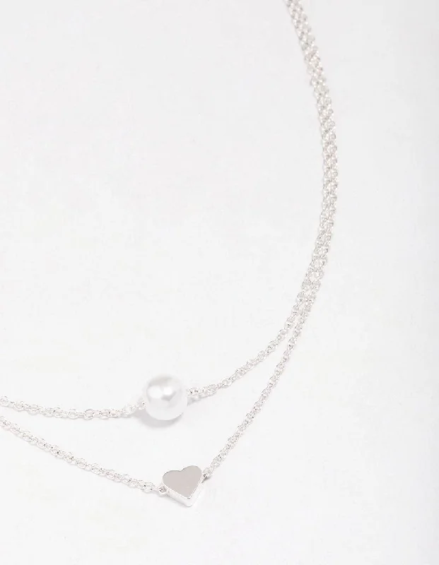 Silver Double Chain & Pearl Heart Layered Necklace