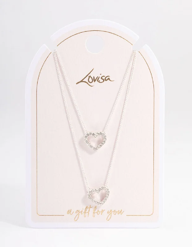 Silver Double Diamante Open Heart Necklace