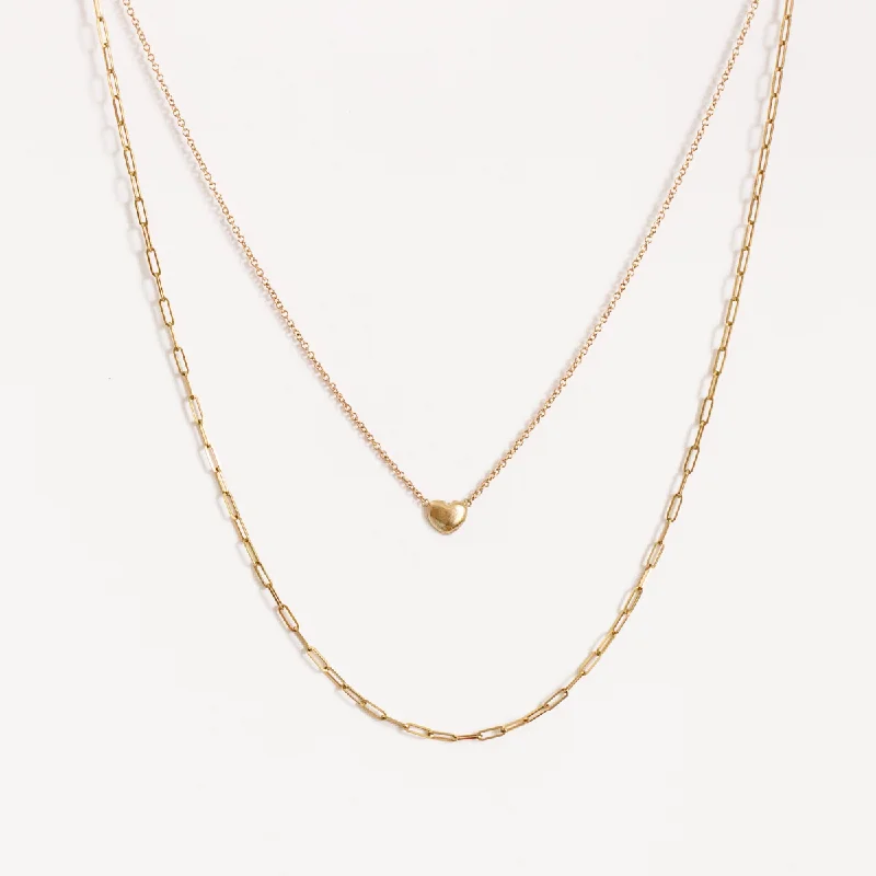 14K Puff Heart + Dainty Paper Clip Necklace Bundle