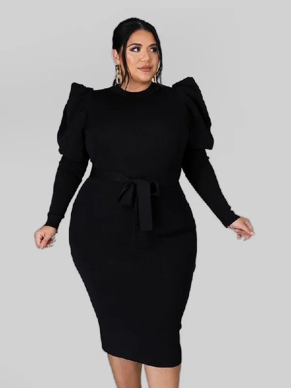 Crew Neck Gigot Sleeve Belted Bodycon Dress